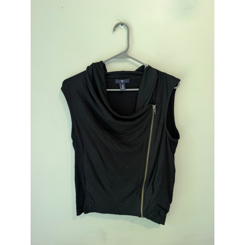Gap Womens Black Asymmetrical Zip Sleeveless Hoodie Cowl Neck Vest Medium 2709